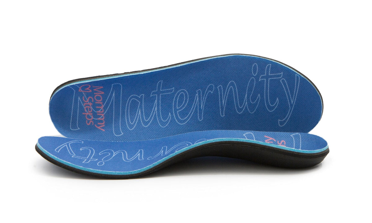 A pair of blue maternity insoles designed to provide support and comfort for pregnant feet, with the word 'Maternity' written on them.
