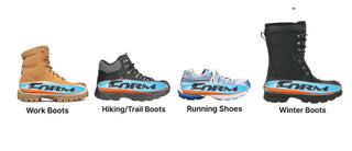 FORM insoles shown inside work boots, hiking boots, running shoes, and winter boots.
