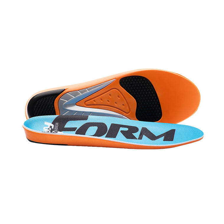 A pair of orange and blue memory foam insoles designed for use in shoes and boots, with a torsion control bar and gel pads.
