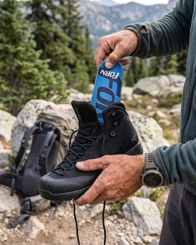 Hiker putting a Thick Cushion insole into a hiking boot on a mountain trail