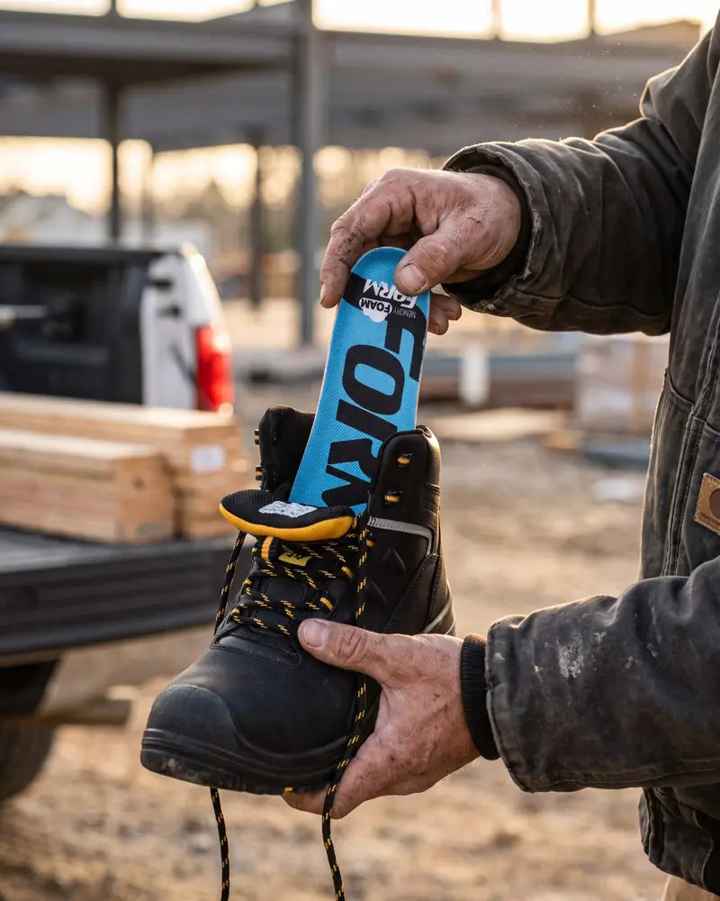Worker on a job site putting a Memory Foam insole into a work boot