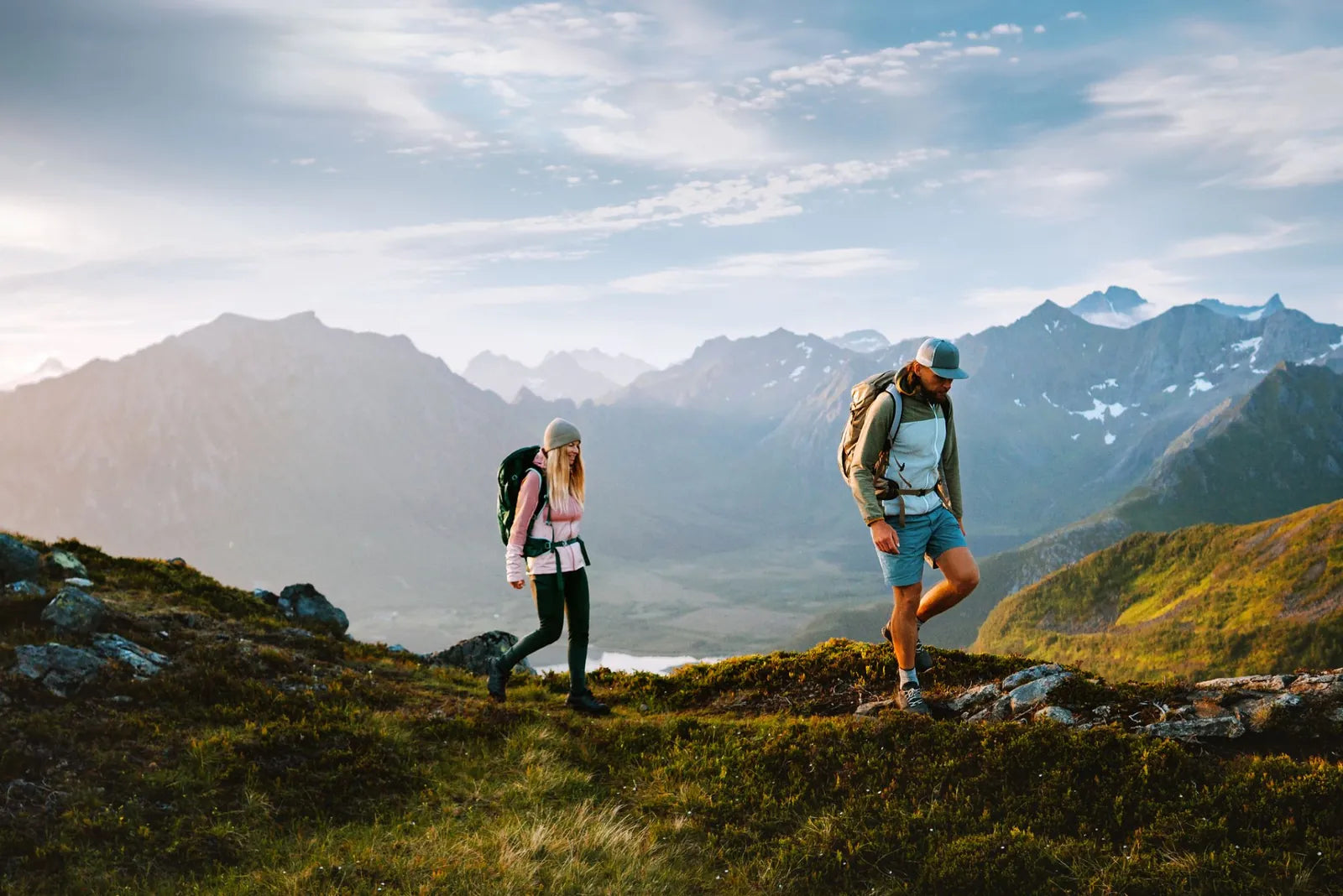 Two hikers on a mountain ridge